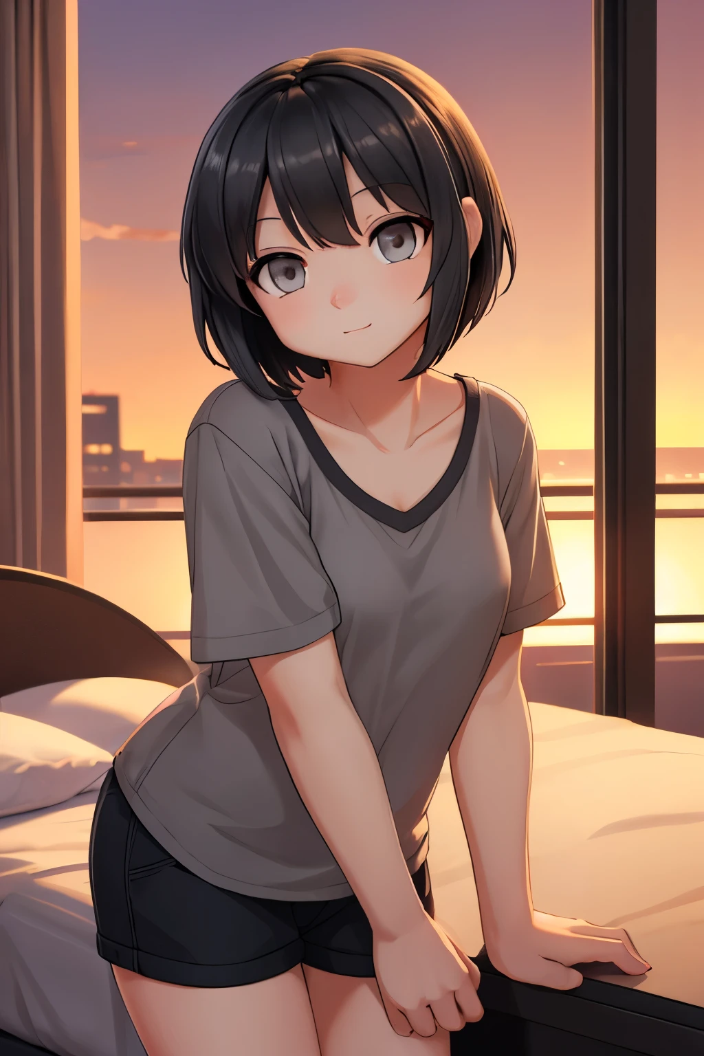 (1Girl, gray eyes, Beautiful, cute, gray short black hair, wearing casual clothes, )), (In a hotel room at sunset)