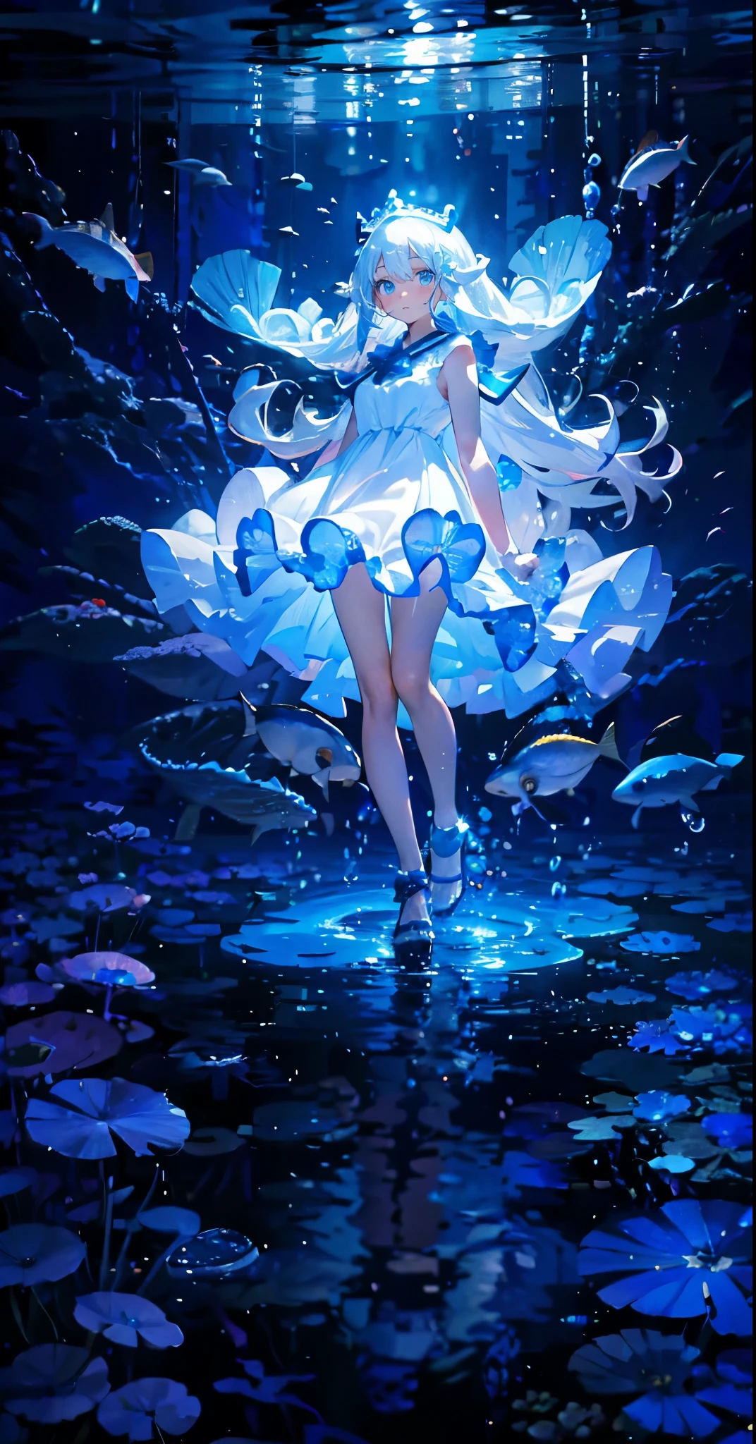 (Mastepiece), (Best Quality), Very detailed、1 girl、Perfect Face、(Solo full body shot:1.3), Very detailedな顔、(Long white hair:1.5)、(blue eyes:1.4)、(In the water:1.4)、(White Dress:1.5)、Ocean、Coral Reef、School of small fish、Light、Bubble、jellyfish、Ocean藻、(深Ocean:1.4)、Fantasy、Ocean底、Sink