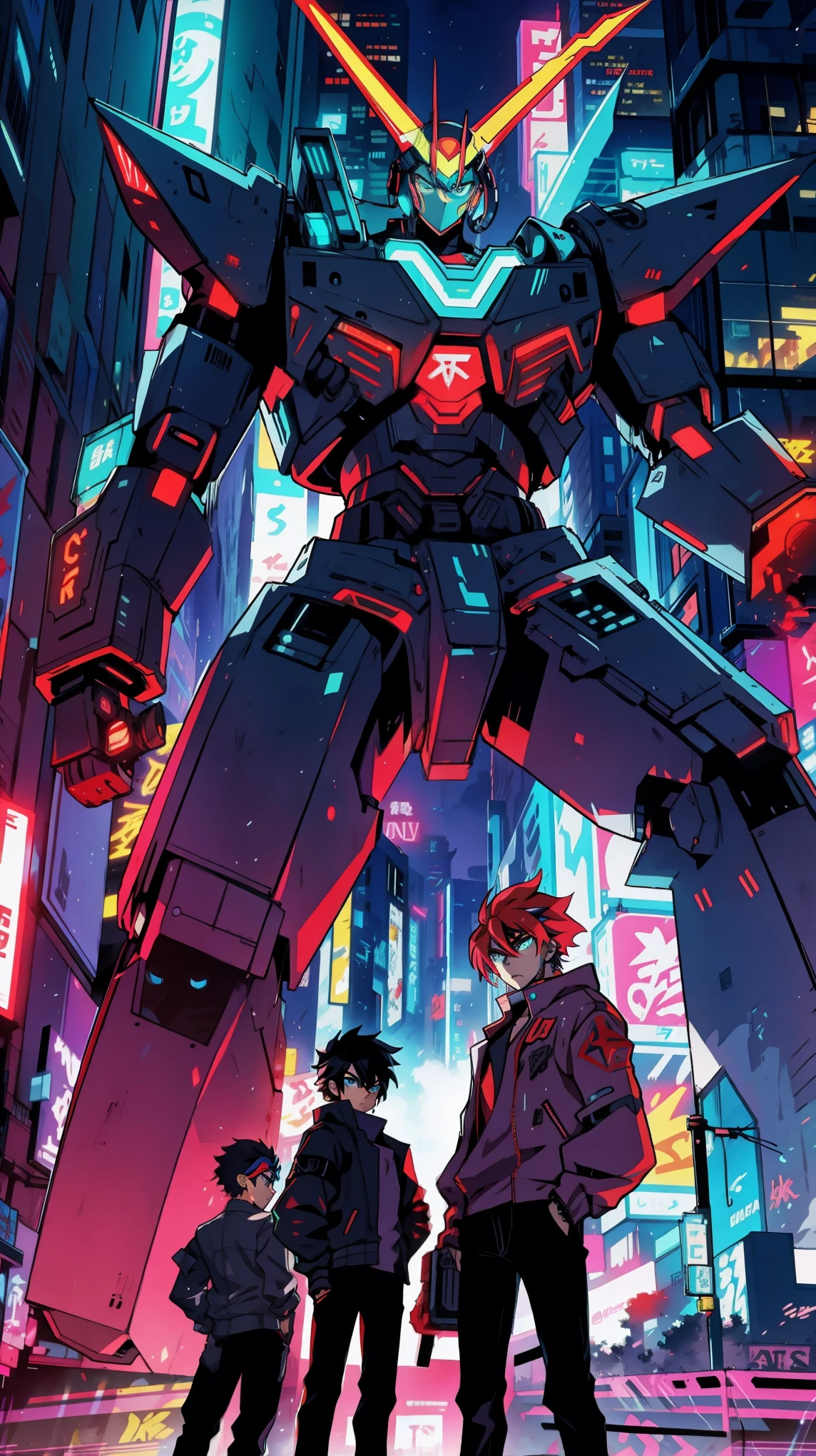thin outlines, anime style, cool and edgy, An epic showdown between a group of adolescent heroes and a giant robot in a cityscape, buildings adorned with neon lights and graffiti, intense action, dynamic poses, cyberpunk aesthetics, nostalgic internet references, unexpected elements like pixelated effects, fashionable, posing, colorful, confident, expression, accessory, coiled, around, stylish, striking, modern, fashion