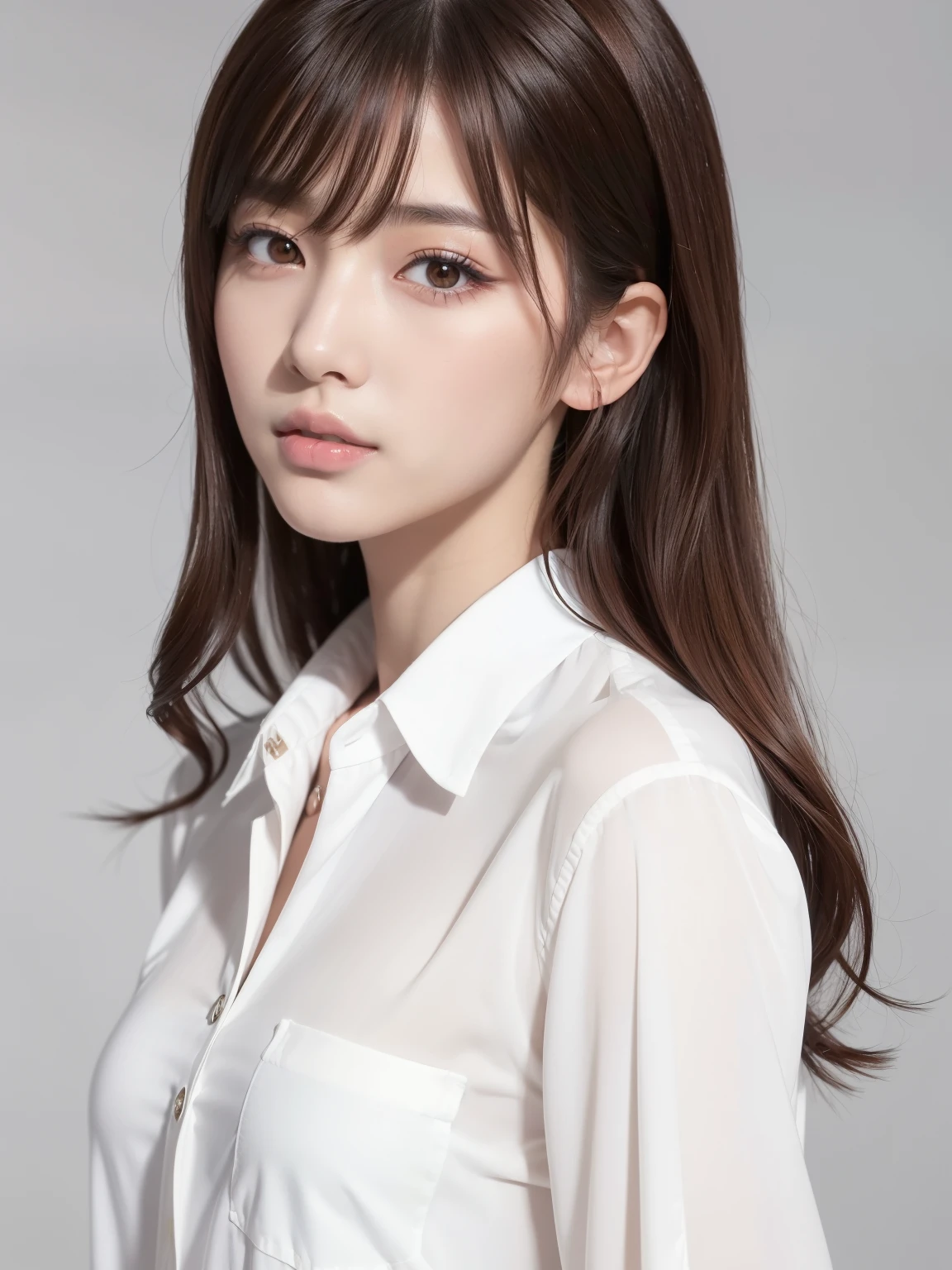 Japanese idol, 19 years old, Natural make up, (detailed skin:1.2), 8k,best quality, masterpiece, ultra high res, (photorealistic:1.4), RAW photo, glamor, brown hair, medium hair, asymmetrical hair, wavy hair, asymmetrical bangs, (collared white shirt, slit tight skir:1.2),