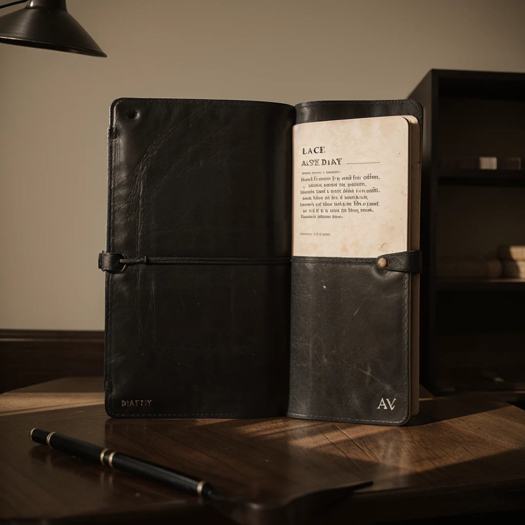 old diary, black, dusty, Ace, table, minimal lighting, classic style