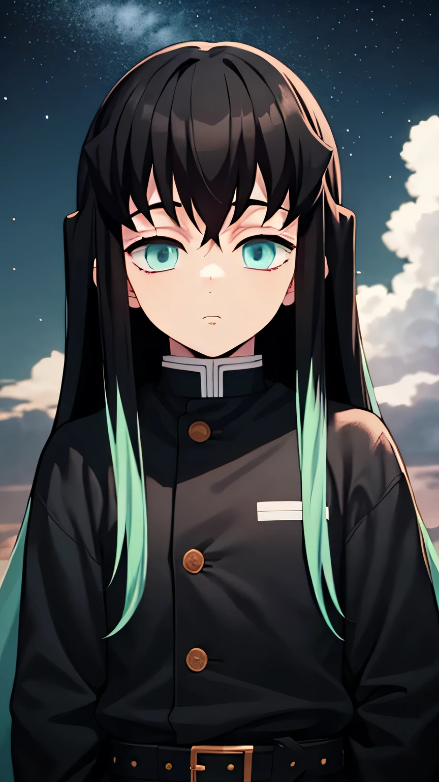 masterpiece, best quality, high quality, 1boy, solo, looking at viewer, upper body, tokitou_muichirou, long hair, bangs, black hair, aqua eyes, demon slayer uniform, multicolored hair, two-tone hair, sky background, starry sky