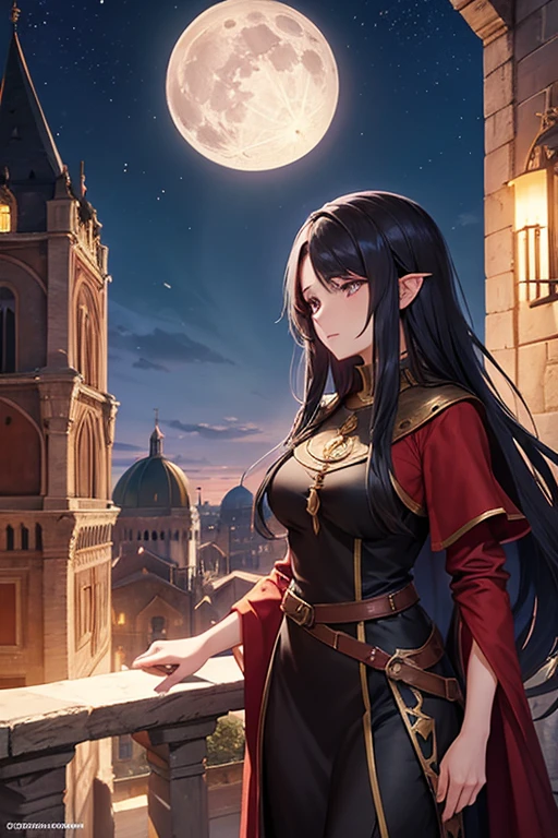 female sorceress from medieval fantasy universe, Italian features, 25 years old, long black hair, in red tunic. on the roofs of a fantasy medieval city, night full moon in the sky