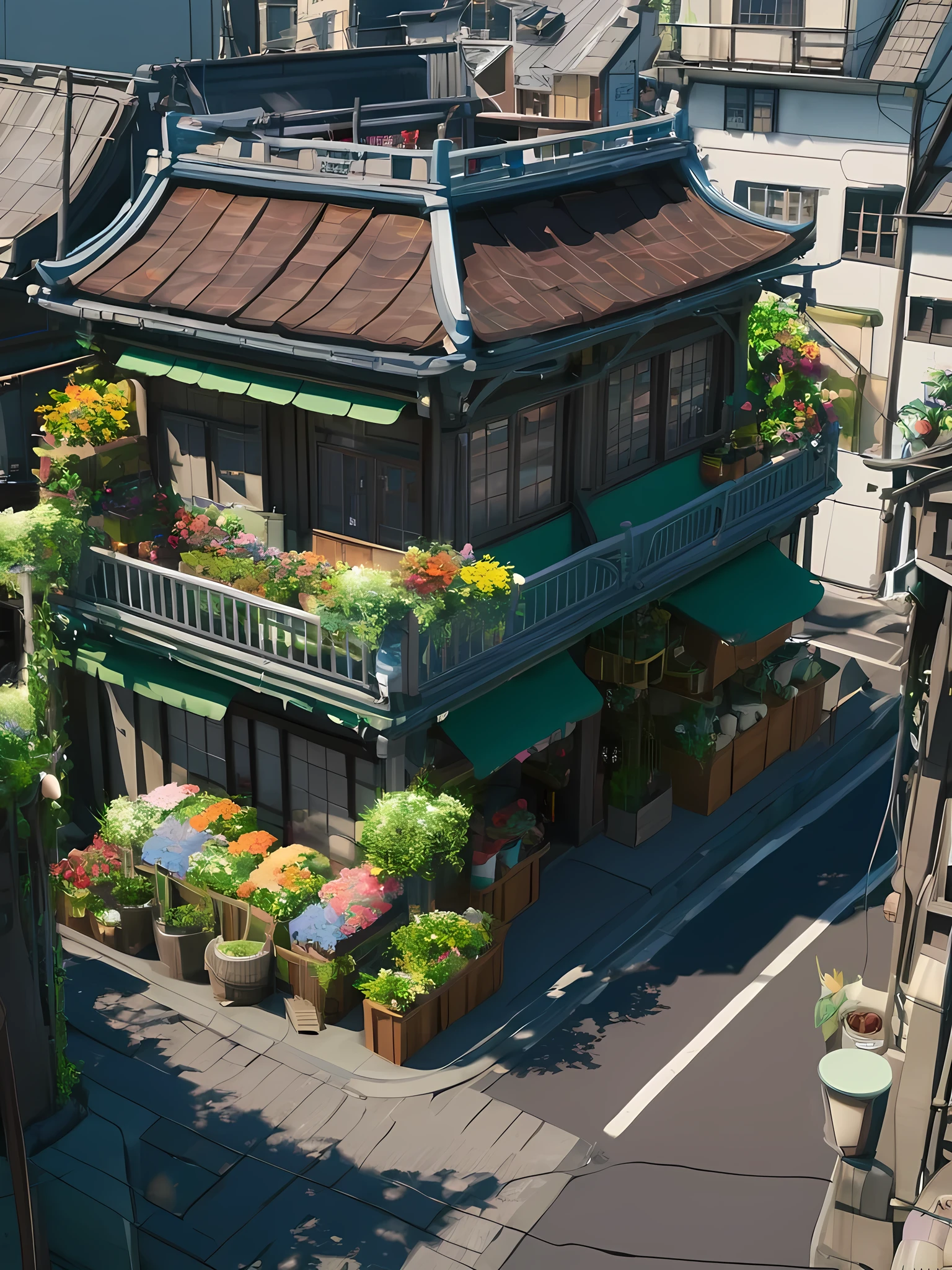 Ghibli anime style image, An european styled three story flower shop with a railing on the rooftop, the building is among other shops or houses in a japanese like alleys, point of view is from above, away from around six blocks of shops or houses.