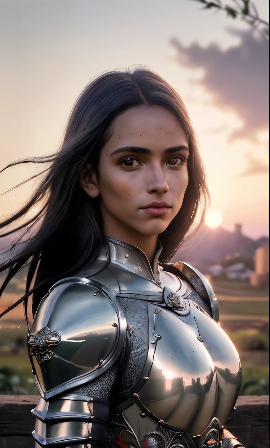 (Obra de arte), (extremamente complexo:1.3), (realista), retrato de uma , a mais bonita do mundo, (armadura medieval), metallic reflections, tronco, ao ar livre, luz solar intensa, castelo distante, fotografia profissional de uma mulher deslumbrante detalhada, sharp focus, dramatic, premiado, cinematic lighting, octano render motor irreal, volumetric dtx, (film grain, fundo desfocado, primeiro plano desfocado, Bokeh, profundidade de campo, sunset, desfoque de movimento:1.3), cota de malha