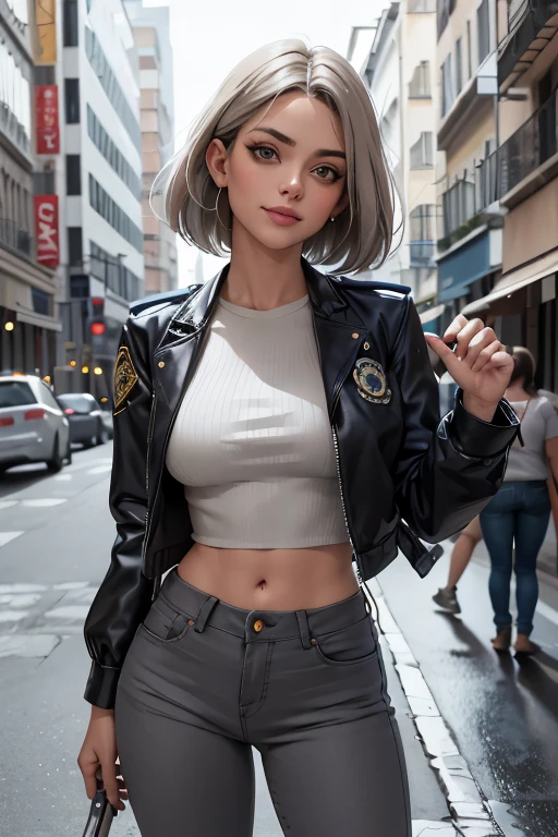 1 garota linda policial de noite, cabelos curtos estilo French bob batido na nuca, cabelo cinza, olhos claros, cidade de noite, cidade noturna, clima sombrio, chuva suave, de distintivo policial, wearing a gray blouse and tight dark jeans, jaqueta de couro curta policial, showing defined abdomen, charming shy smile