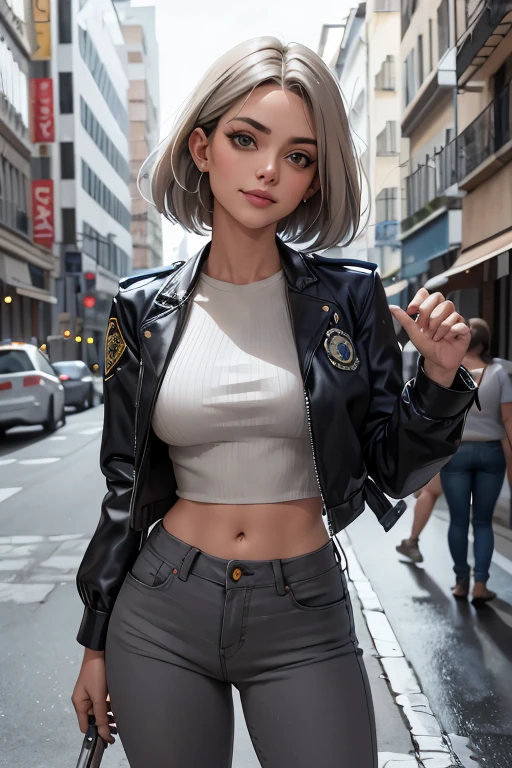 1 garota linda policial de noite, cabelos curtos estilo French bob batido na nuca, cabelo cinza, olhos claros, cidade de noite, cidade noturna, clima sombrio, chuva suave, de distintivo policial, wearing a gray blouse and tight dark jeans, jaqueta de couro curta policial, showing defined abdomen, charming shy smile