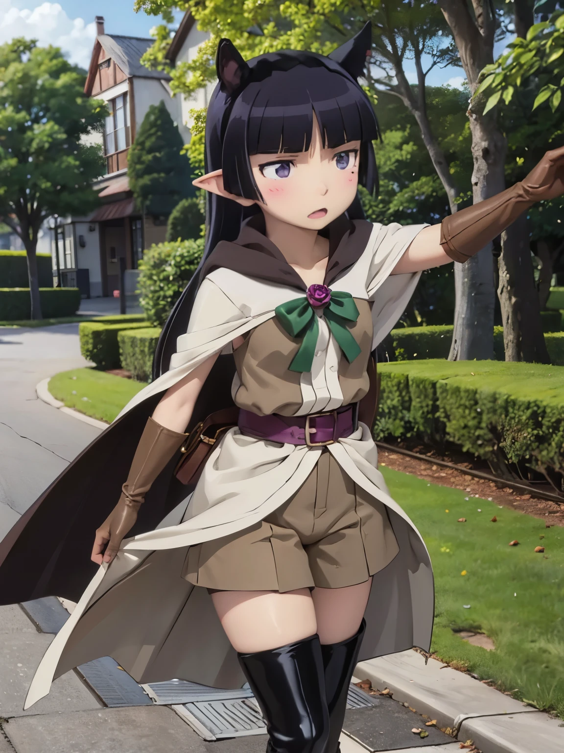 ((ruri gokou)), One girl, blush, Black Hair, Mole, Mole under eye, Hime cut, (Elf), (dark elf), Long ears, wood々In harmony with, Fairy, magic, Robe, Archer, Forest People, longbows, magic, wood々Spirits of, elven robe, hood, brown cloak, green tunic, gloves, belt, brown shorts, thigh boots