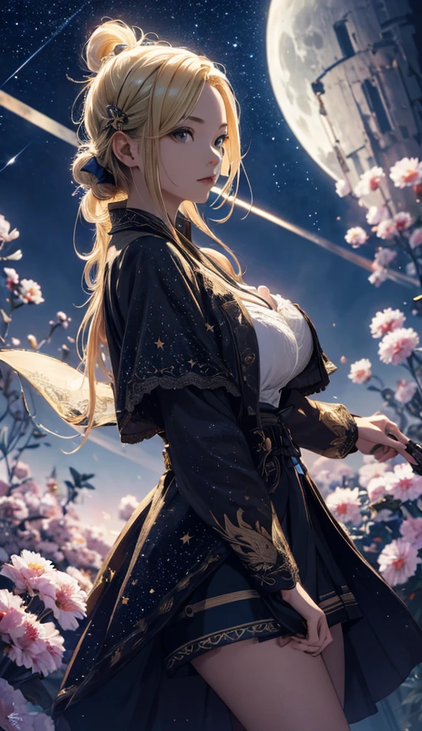 masterpiece, high quality, 4K, Beautiful design, silhouette,blonde, 非常に詳細な夜のStarry Sky,Flower Field, wonderful, Finer details, Very knowledgeable woman, Highly detailed solo, 1 female,Beautiful Eyes,I like rumors,Big Breasts,camisole,mini skirt,Night view,Starry Sky,full moon,