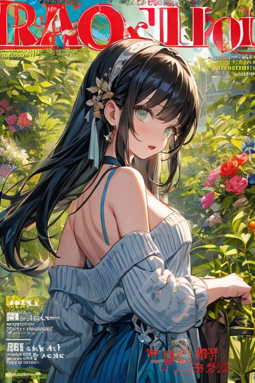 (small breasts:1.3), (perky chest:1.1), (pointed chest:1.0), (fashion magazine cover:1.3),(from below:1.0),(from side:0.9),masterpiece, 1girl, Amazing Cleavage:1.1, thin waist, big ass, Raised sexy, small breast: 1.3, posed cleavage:1.2、solo, looking at viewer, open mouth, have a cute grass of cute beergrass,black hair, dark green eyes, dress, bare shoulders, jewelry, collarbone, sidelocks, hairband, earrings, indoors, off shoulder, :o, sweater, arms behind back, plant, short hair with long locks, gild hairband, off-shoulder dress, sweater dress, off-shoulder sweater, red sweater, dark gord hair, big side hair, very long side hair,is rendered in (masterpiece: 1.2, best quality), with (ultra high resolution) and an exquisite (depth of field). This masterpiece is not only visually stunning but also tells,A scene of cooking in the kitchen by classroom