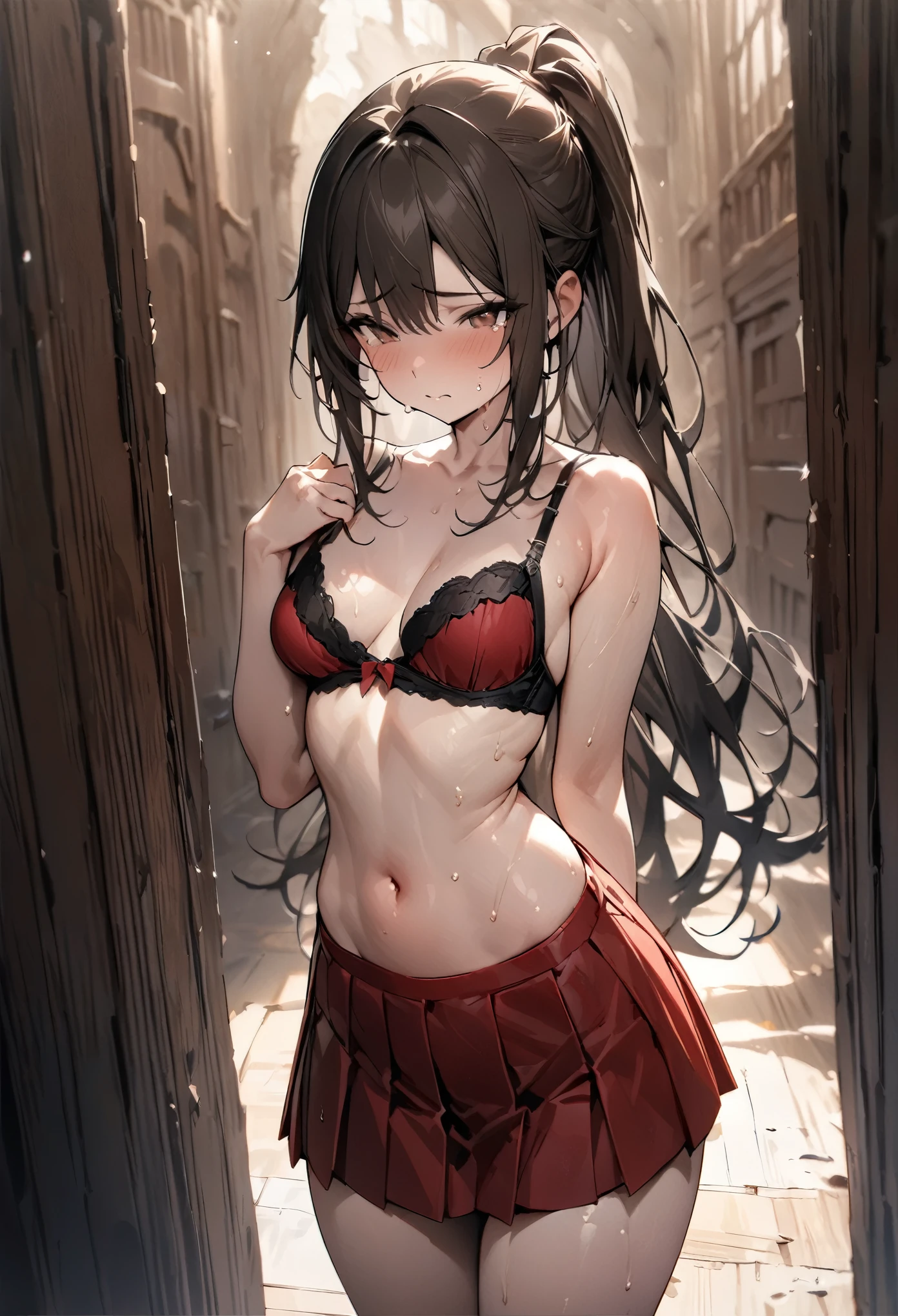 Fantasy art、(((masterpiece, highest quality:1.5))),cowboy shot,20 year old beauty,solo,((very small head)),dark brown hair,ponytail hairstyle,long hair,bangs,brown eyes,shy,tears,medium breasts,(very long body:1.2,slender body),skinny,gleaming skin,oily skin,sweat,(Pleated red mini skirt)、Red Bra、navel、walk、Inside the school building、Harry Potter World、