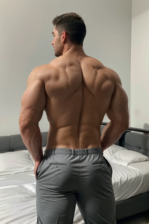 Draw a full-fledged athlete, big muscular body, on the bed,full body, He wears gray formal trousers,The man looks confident and determined,rays of sunshine,cheerful big breasts,Handsome,Crew cut,full bodyesbian (((backside)))