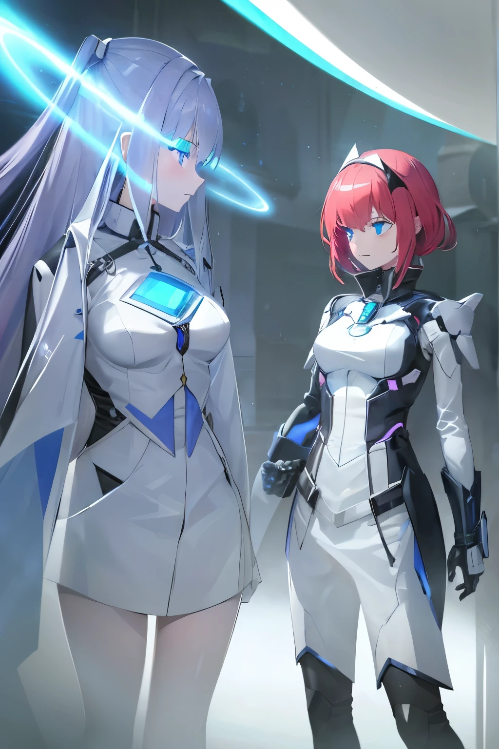 (masterpiece, best quality, 4k, high resolution) Two women stand On the left, a young woman with flowing, lavender-to-white ombre hair and a stoic expression wears intricate silver armor that subtly glows with ethereal light and advanced cybernetic features. On the right, another young woman with short, vibrant red hair and a warm, enthusiastic expression wears sleek, dark armor with glowing blue accents and high-tech cybernetic enhancements. The wind gently blows their hair, revealing a silver pendant in the shape of a crescent moon on the stoic woman and a pulsating blue emblem on the enthusiastic woman. Between them, a luminous energy barrier separates their contrasting styles, symbolizing the duality of their personalities. The left side is bathed in a serene, ethereal glow with futuristic holograms, while the right side pulses with dynamic neon lights