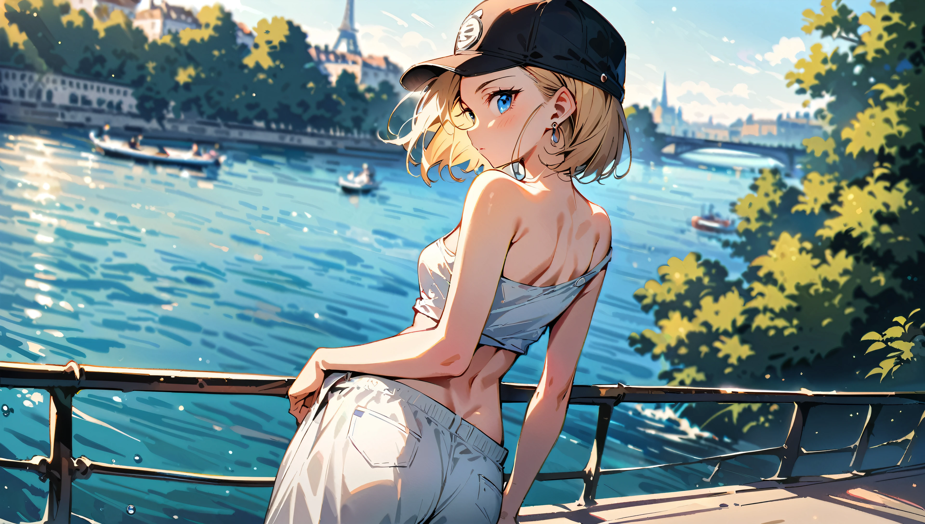 (masterpiece, best quality:1.2), full body shot, solo, Android 18 from Dragon Ball, collarbone, cleavage, ((slip-on one-shoulder crop top)), (light gray top:1.2), no jacket, midriff-baring, navel, ((white baggy pants with one button undone)), strings of thong underwear slightly visible, small breasts, short blonde hair loose, ((blue eyes)), ((wearing glasses)), earrings on earlobes, slender feminine figure, narrow waistline, skinny body, (plane black cap), (cap without logo), beach sandals, sunlight, head tilt, looking at viewer, light blush, arm between legs, wariza on the grass, the Eiffel Tower, outside, natural lighting and shadows, blur background, 4K