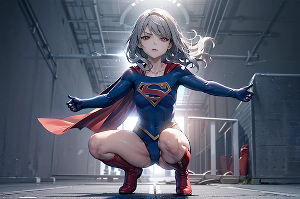 (whole body), (masterpiece:1.2), (Highest_quality:1.2), (Ultra_detailed:1.3), 8k,Low Angle,From below,1 girl,solo,Big ass girl, Frustrated face,Glare,View your viewers,Mid-chest, barefoot,Red long boots,3D Rendering, superman_oc,( Supergirl),Laura Bodewig, Long Hair, (Red eyes:1.3), Grey Hair, Eye patch,Blue leotard,Red Cape,gloves,Simple Background,White Background,(Squat with legs apart,Raise your arms back),