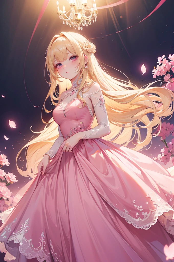 a beautiful girl wearing a long pink prom dress, blonde hair, pink eyes, highly detailed, masterpiece, 4k, ultra-detailed, HDR, studio lighting, vivid colors, elegant, graceful, enchanting, digital art, illustration