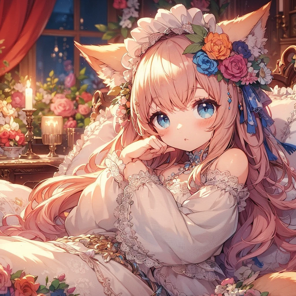 (An exquisite and beautiful highly detailed masterpiece, High quality and high resolution),(A cute and delicate beautiful girl illustration in pastel colors with a mature, clear, well-balanced, delicate and beautiful face drawn with thin lines.),A beautiful, small, adorable girl with fluffy fox ears, a fluffy tail, cat-like animal eyes, a high nose, and sharp fangs is lying sleepily with dazed eyes on a bed strewn with flowers in a slightly dark, luxurious room at night.,She is wearing open-chested pajamas decorated with lace, frills and ribbons, and knee-high socks decorated with lace.,(A cute girl with a good figure, wavy bob hair, fair skin, short eyebrows, pale pink cheeks, a very small nose, a mouth with small pointed fangs, plump pink lips, beautiful animal eyes, and a fairly large, fluffy bust.),Vibrant and eye-catching colors,Watercolor illustration