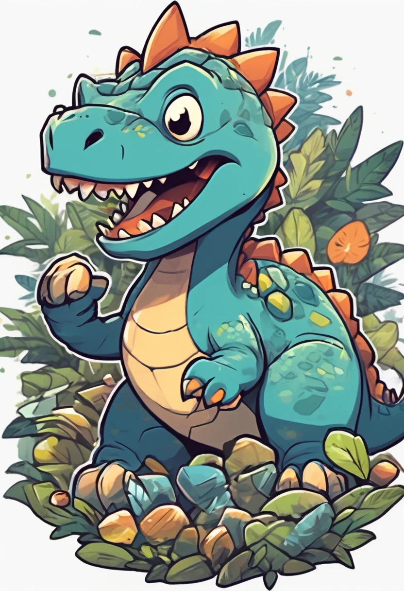Fun dinosaur for sticker with white background, cartoon style, raised edges, trashcore, light shading, --v 5.2