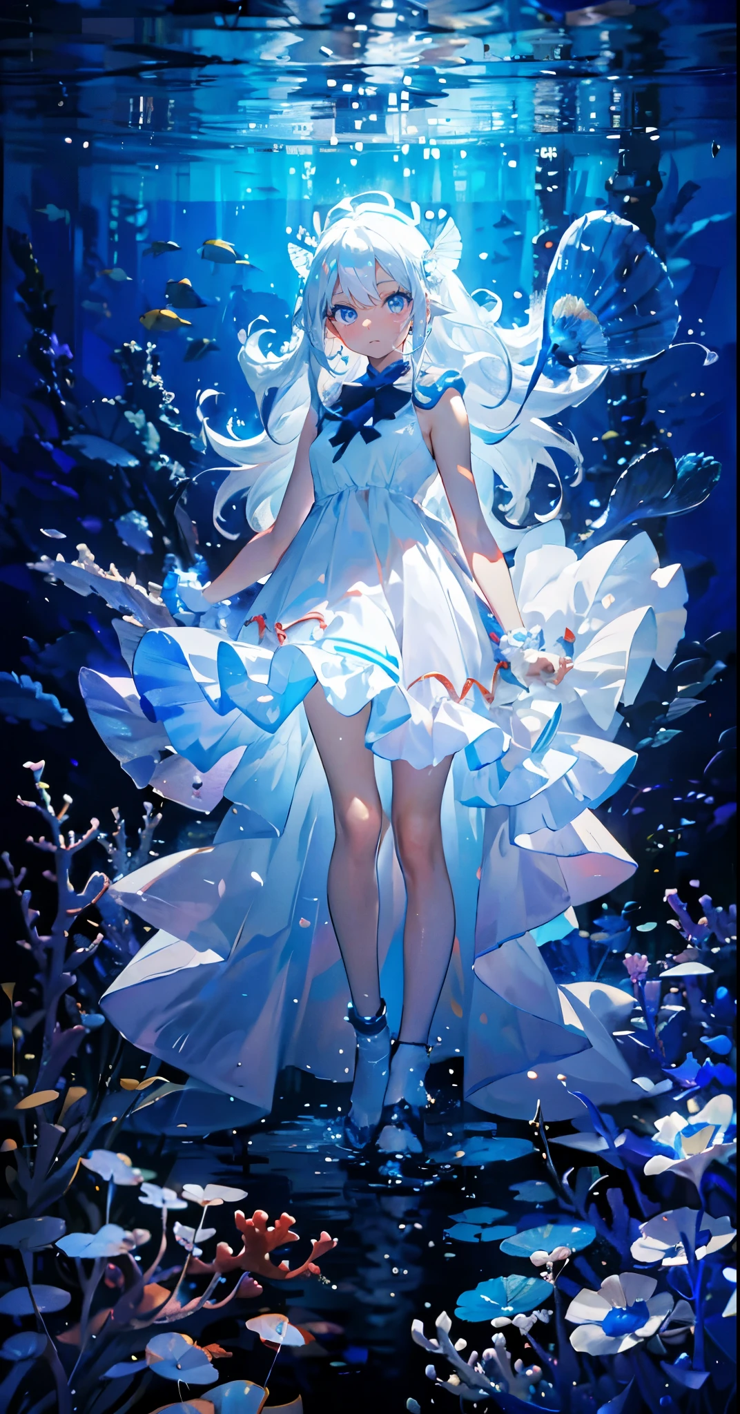 (Mastepiece), (Best Quality), Very detailed、1 girl、Perfect Face、(Full body photography:1.3), Very detailedな顔、(Long white hair:1.5)、(blue eyes:1.4)、(In the water:1.4)、(White Dress:1.5)、Ocean、Coral Reef、School of small fish、Light、Bubble、jellyfish、Ocean藻、(深Ocean:1.4)、Fantasy、Ocean底、Sink