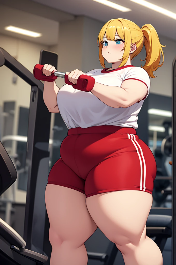 make yellowhaired ssbbw fat girl in too tight red shorts she's work out at the gym