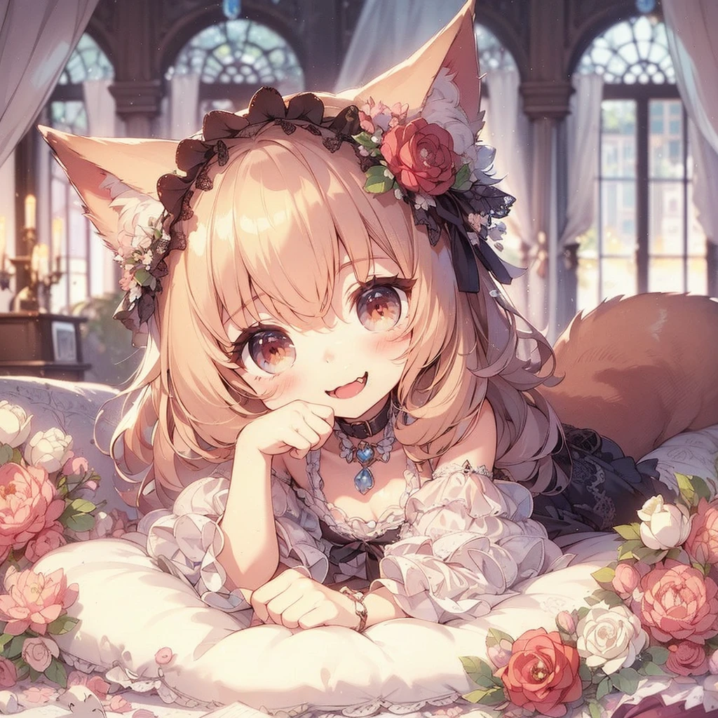 (An exquisite and beautiful highly detailed masterpiece, High quality and high resolution),(A cute and delicate beautiful girl illustration in pastel colors with a mature, clear, well-balanced, delicate and beautiful face drawn with thin lines.),A beautiful, small, adorable girl with fluffy fox ears, a fluffy tail, cat-like animal eyes, a high nose, and sharp fangs is lying sleepily with dazed eyes on a bed strewn with flowers in a slightly dark, luxurious room at night.,She is wearing open-chested pajamas decorated with lace, frills and ribbons, and knee-high socks decorated with lace.,(A cute girl with a good figure, wavy bob hair, fair skin, short eyebrows, pale pink cheeks, a very small nose, a mouth with small pointed fangs, plump pink lips, beautiful animal eyes, and a fairly large, fluffy bust.),Vibrant and eye-catching colors,Watercolor illustration