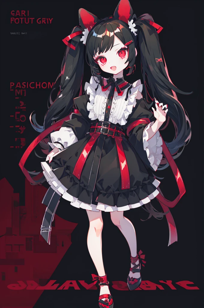 (Full body portrait), Character Design, Costume Design, 1 girl, Black hair straight twin tails, Crimson Eyes, Gothic ta, vampire, teeth, nail, ribbon, Head ornament, Red and Black, cute, Pack text onto one page, Mini Characters、One、(Face is front)