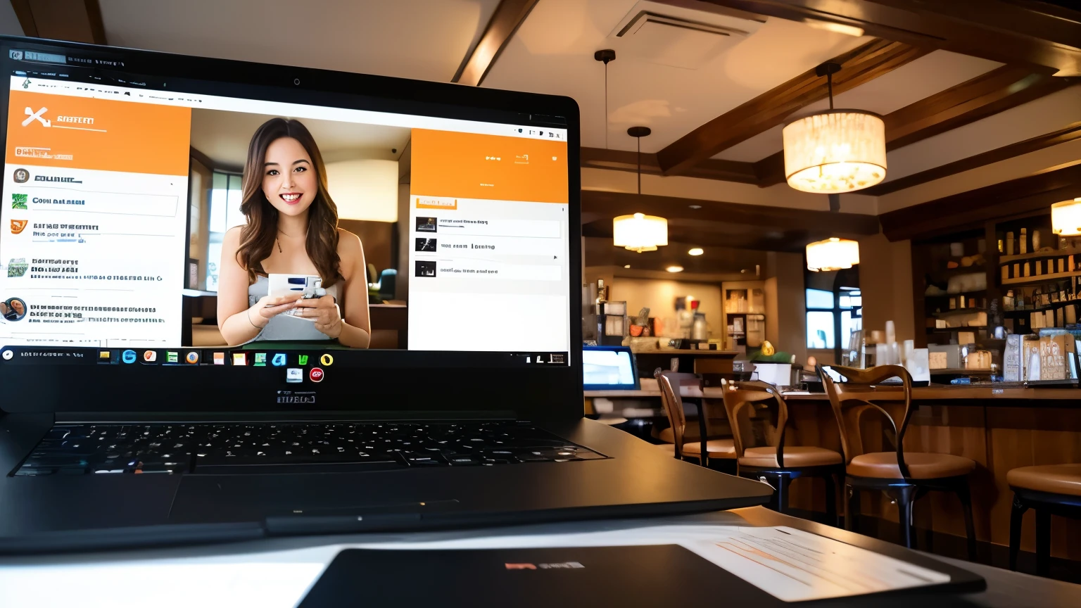 ((highest quality)), ((masterpiece)), (detailed), (live-action）,Web advertising site,Landing Page Images,Laptop in the center of the screen,Inside a modern cafe