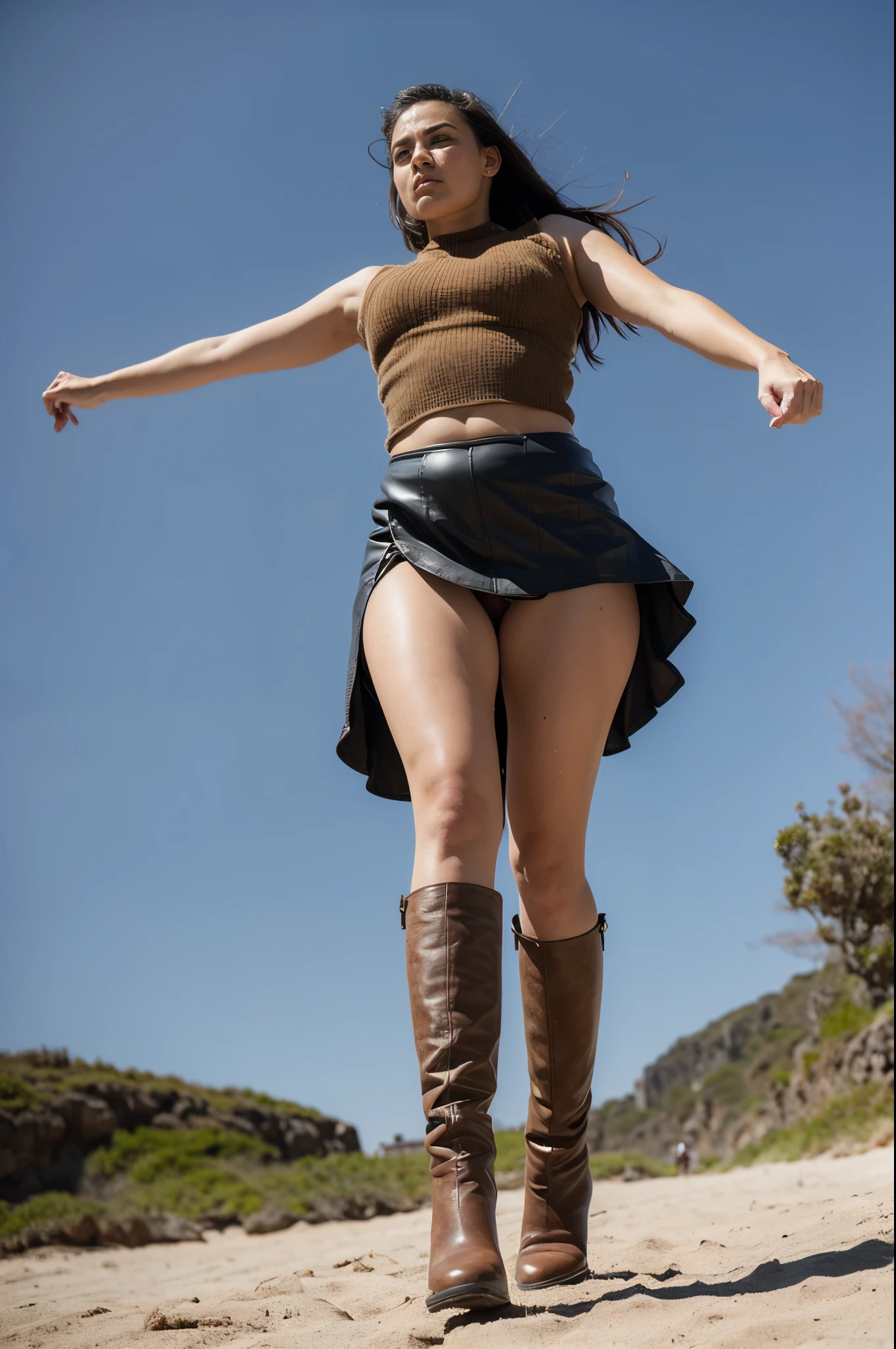 (YES SFW), beauty plump Warrior woman with brown hair in white leather boots, sword, ((proportional body)),Refined looks,Fairy air fluttering,The gauze skirt flew up,Take photos on the beach,ultra-realistic realism,color field printing,high detal,hyper HD,anatomy correct,cinematic lighting 4d quality. Perfect simmetrical face. The perspective is from below, emphasizing the sheer majesty and power of the woman. ((The perspective is from below, emphasizing the sheer majesty and power of the woman))