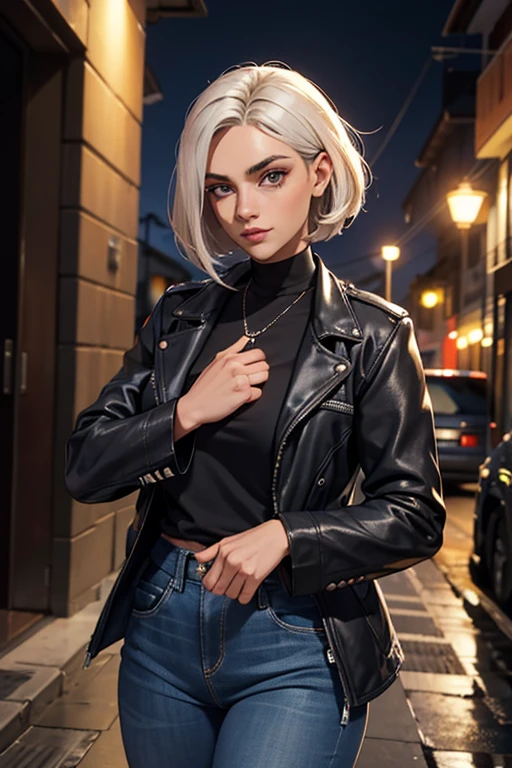 1 garota linda de noite, cabelos curtos estilo French bob batido na nuca, cabelo cinza, olhos claros, de noite, cidade noturna, clima sombrio, chuva suave, vestindo uma blusa cinza e jeans cinza justos, jaqueta de couro preto curta policial, mostrando abdome definido, olhar encantador