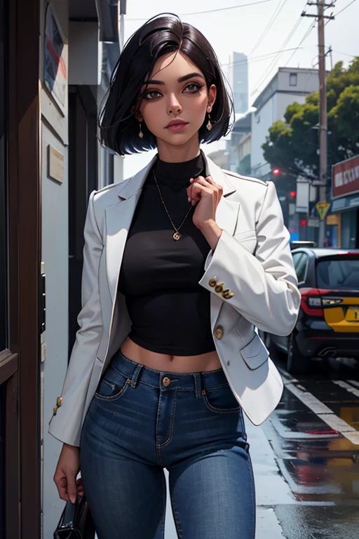1 garota linda de noite, cabelos curtos estilo French bob batido na nuca, cabelo cinza, olhos claros, de noite, cidade noturna, clima sombrio, chuva suave, vestindo uma blusa cinza e jeans cinza justos, jaqueta de couro preto curta policial, mostrando abdome definido, olhar encantador
