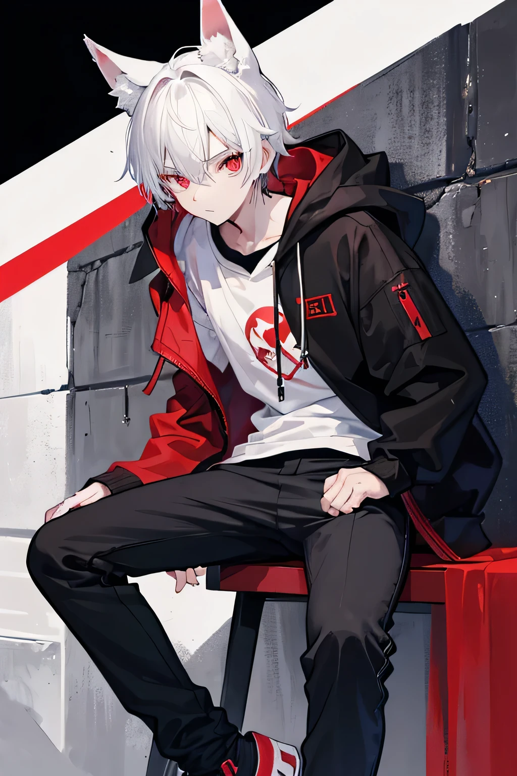 An 18-year-old boy wearing a black hoodie with red elements, black pants and shoes. The sweatshirt is unbuttoned and a white T-shirt is underneath. He has white hair, a fox tail and ears, and his eyes are red. The background sits on a low wall in the city center at night
