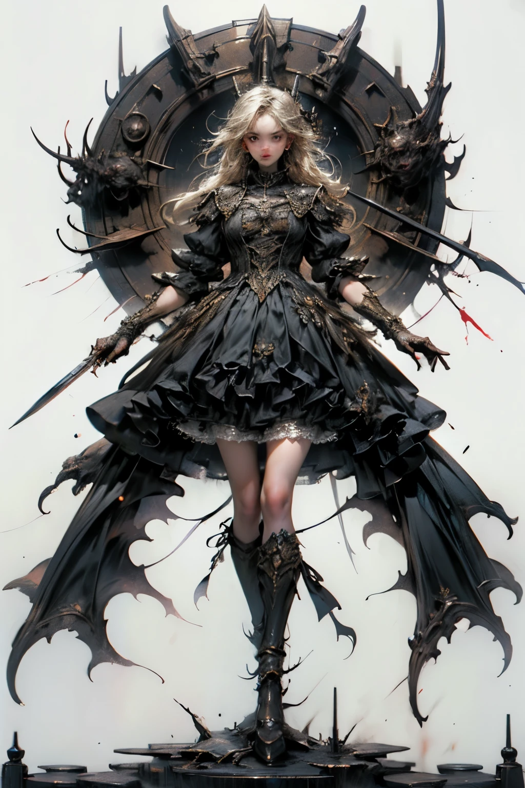 ((best quality)), ((masterpiece)), (detailed), perfect face ((best quality)), ((masterpiece)), (detailed), blank white background, plain background, white background, Bloodborne inspired,  occult aesthetic, occult, detailed and intricate steampunk and detailed gothic, (zentangle, mandala, tangle, entangle),  NSFW, torn clothing, Very dramatic and cinematic lighting, cosmic horror, grim-dark, side-lighting, perfect face, a beautiful goddess adorned and enshrined in armour, Bloodborne inspired , occult aesthetic , occult , detailed and intricate steampunk and detailed gothic , wielding a sword and holding a shield, NSFW, Fluttering lace flared short dress with frilly petticoats, knee length dress, pleated petticoats, lolita dress, petticoats gothic lolita, side-lighting, gothic lolita aesthetic, beautiful small breasts, small breasts, full body, whole body, body, plain background, white background, blank background, no background, white background NSFW, full body, whole body, head-to-toe