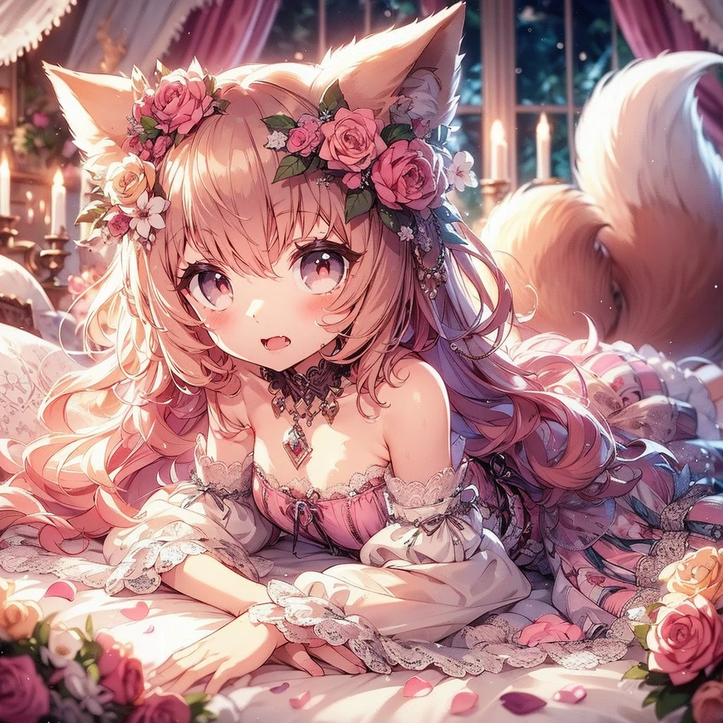 (An exquisite and beautiful highly detailed masterpiece, High quality and high resolution),(A cute and delicate beautiful girl illustration in pastel colors with a mature, clear, well-balanced, delicate and beautiful face drawn with thin lines.),A beautiful, small, adorable girl with fluffy fox ears, a fluffy tail, cat-like animal eyes, a high nose, and sharp fangs is lying sleepily with dazed eyes on a bed strewn with flowers in a slightly dark, luxurious room at night.,She is wearing open-chested pajamas decorated with lace, frills and ribbons, and knee-high socks decorated with lace.,(A cute girl with a good figure, wavy bob hair, fair skin, short eyebrows, pale pink cheeks, a very small nose, a mouth with small pointed fangs, plump pink lips, beautiful animal eyes, and a fairly large, fluffy bust.),Vibrant and eye-catching colors,Watercolor illustration