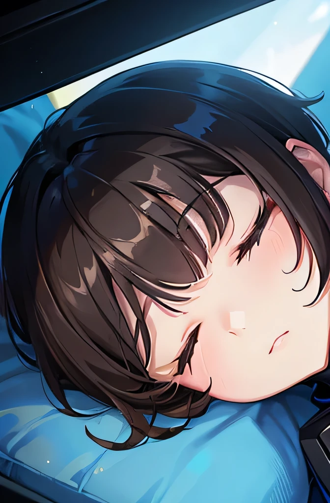 sleeping,robotgirl,{thick eyeblows},very short hair,brown hair,blue jacket,black hot pants,{cool},{masterpiece},{highquority},{best detailed},{perfectface},{perfectbody},{midnight}