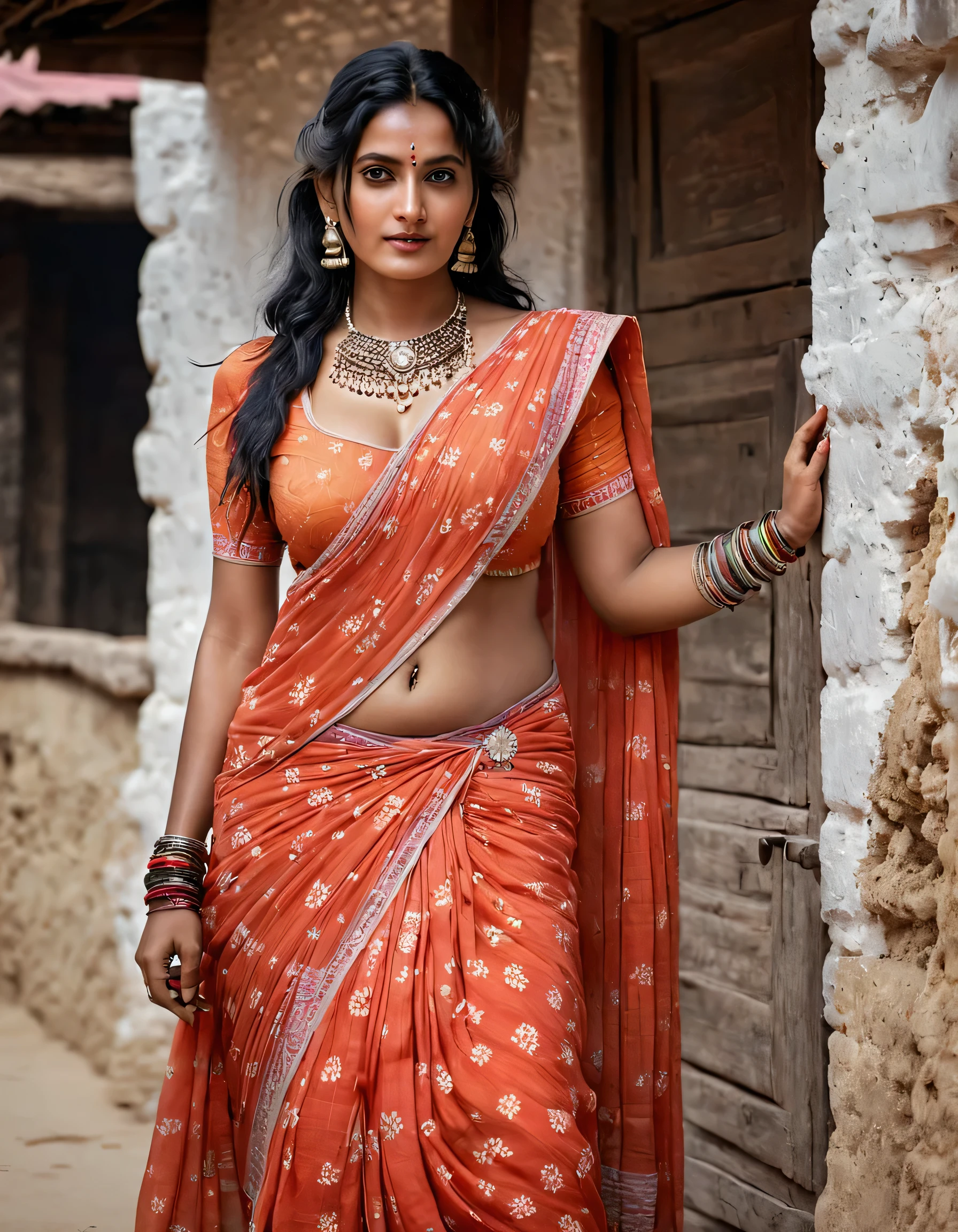 (((Full Body Portrait))), 30 years old Rajasthani Village Woman, Topless wearing traditional Rajasthani Clothes, In a Rajasthani Village, Gorgeous Face, Seductive, Thicc, Deep cleavages, detailed breasts, High detailed skin, (Detailed face and eyes:1.3), perfect human anatomy, Perfectly drawn legs and hands, detailed long bridled hair, very detailed background, ((film grain, color photo, skin details, high detailed skin texture, 8k hdr, dslr)), (photo by Frank De Mulder, Tim Walker, Storaro, Lubezski), black hair, solo, detailed eyes