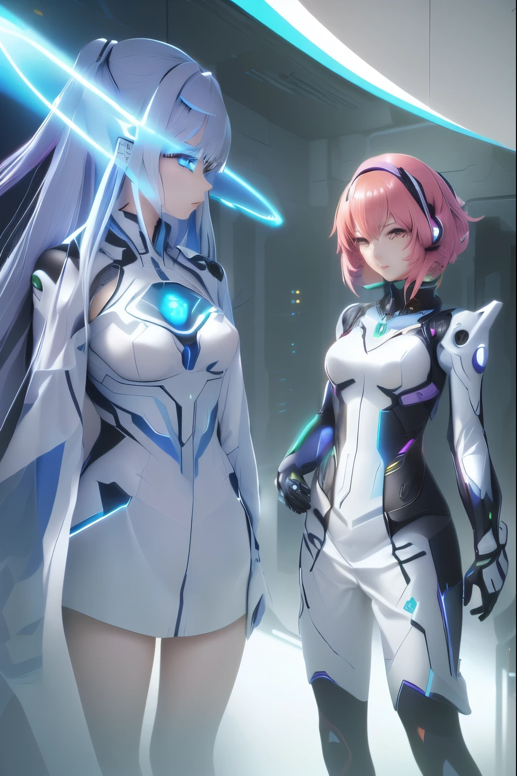 Cartoon characters in futuristic clothing standing in the room, best anime 4k konachan wallpapers, kushatkrentz women in critical art, Neon Genesis Evangelion Illustration, Modern science fiction animation, Focus on two, 数字Cyberpunk动漫艺术, Krenz Kushat and Lin Wenjun, Cyber Suit, sci-fi anime, Android heroine，Cyberpunk
