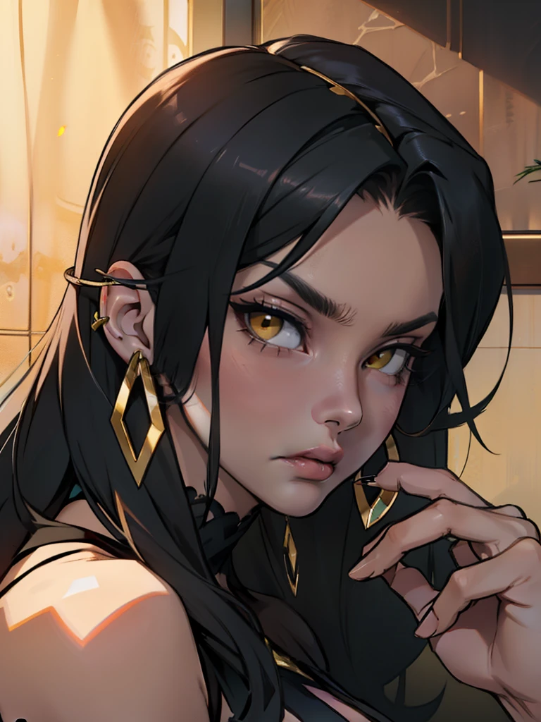 earrings jewelry luxurious fancy gold earrings jewelry luxurious fancy gold black hair yellow eyes pale skin woman seductive expression seductive expression 