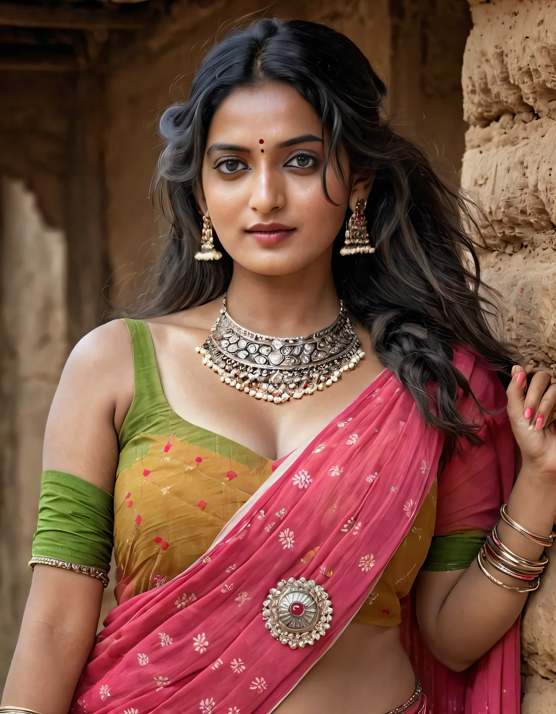 (((Full Body Portrait))), 30 years old Rajasthani Village Woman, Topless wearing traditional Rajasthani Clothes, In a Rajasthani Village, Gorgeous Face, Seductive, Thicc, Deep cleavages, detailed breasts, High detailed skin, (Detailed face and eyes:1.3), perfect human anatomy, Perfectly drawn legs and hands, detailed long bridled hair, very detailed background, ((film grain, color photo, skin details, high detailed skin texture, 8k hdr, dslr)), (photo by Frank De Mulder, Tim Walker, Storaro, Lubezski), black hair, solo, detailed eyes