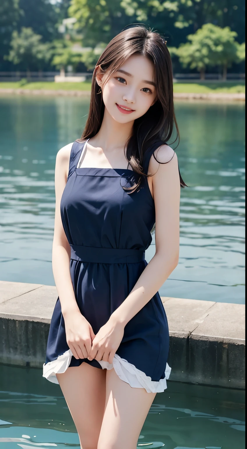 Woman standing by the lake、Beauty、Uniform eyes、20 years old、university student、(((She is wearing a long navy blue dress)))、(((Wearing white panties)))、Wearing pumps、Smiling、Hands in front、Well-balanced proportions、Medium build、Small Bust、Viewer&#39;s gaze: Looking at the whole body from the front、, black hair, bangs, long hair, messy hair, light smile, Surrealism, cinematic lighting, tachi-e, first-person view, pov, f/1.2, Nikon, UHD, best quality, highres, 8k