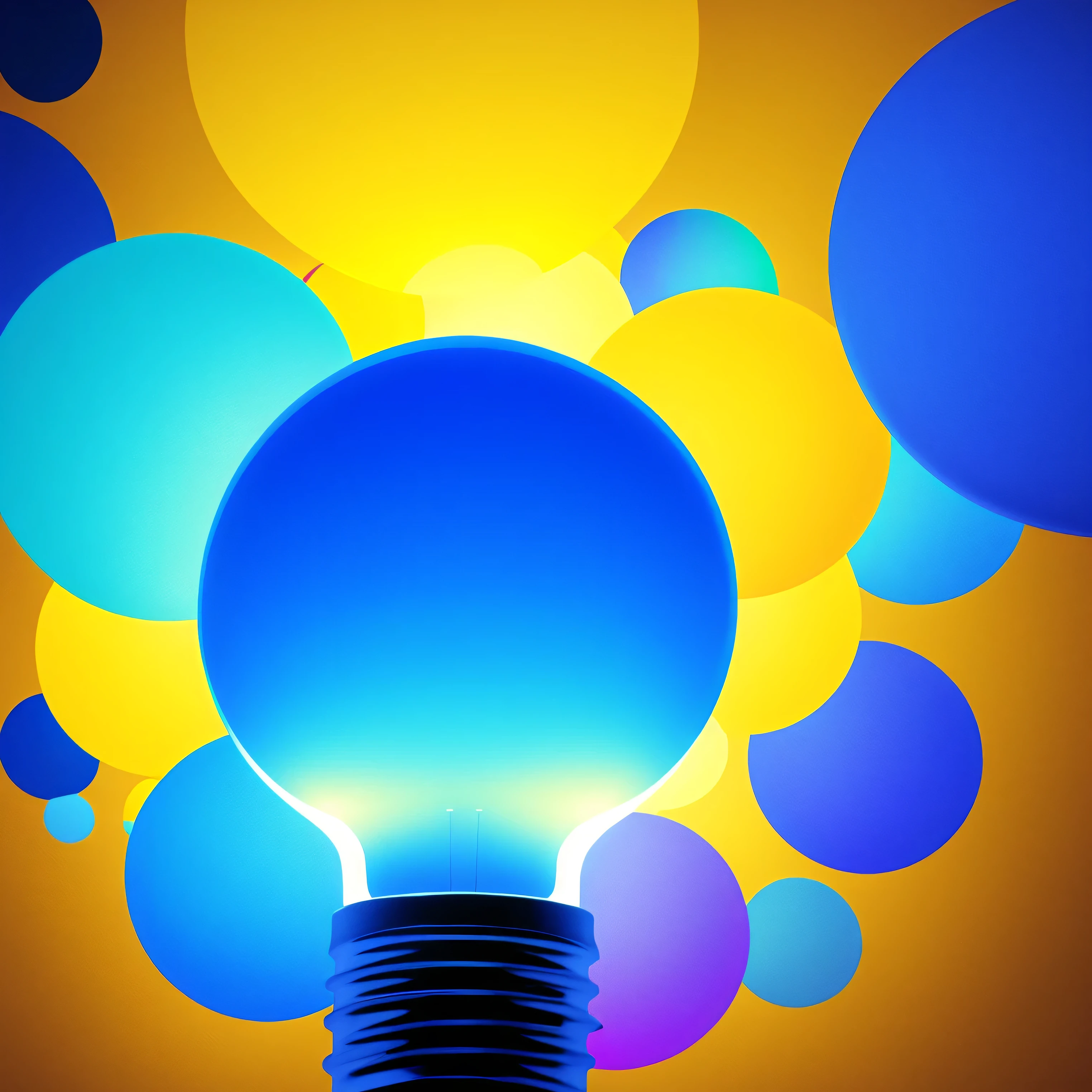 Bright blue to yellow gradient, Animated lightbulb icon, Spinning globe icon,
