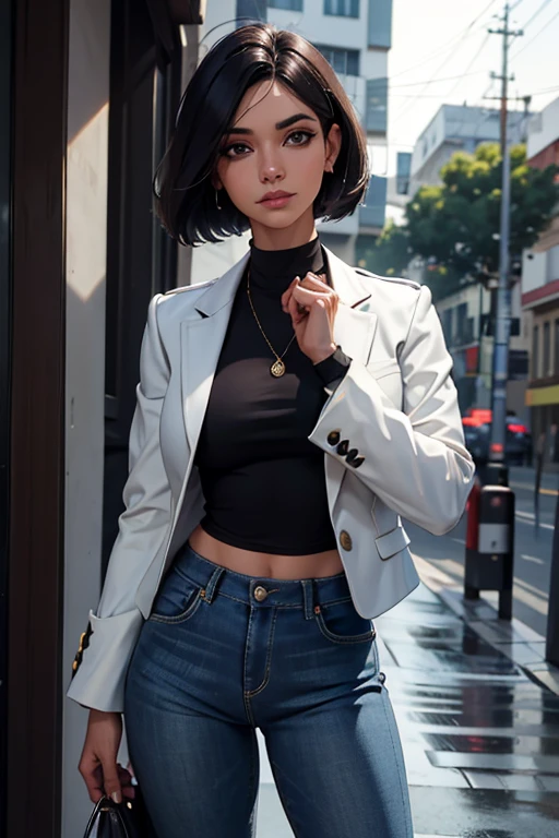 1 garota linda de noite, cabelos cinza curtos estilo French bob batido na nuca, cabelos cinza, olhos claros, de noite, cidade noturna, clima sombrio, chuva suave, vestindo uma blusa cinza e jeans cinza justos, jaqueta de couro preto curta policial, mostrando abdome definido, olhar encantador