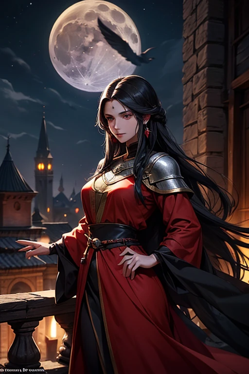 female sorceress from medieval fantasy universe, Italian features, 25 years old, long black hair, in red tunic. on the roofs of a fantasy medieval city, night full moon in the sky