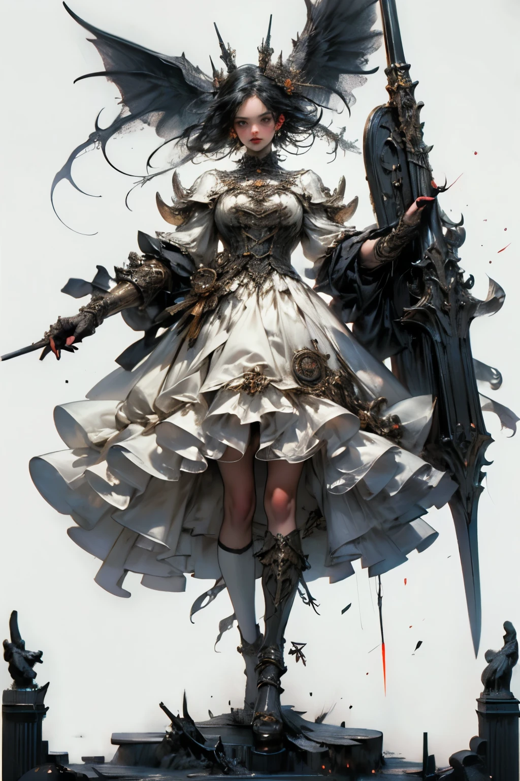 ((best quality)), ((masterpiece)), (detailed), perfect face ((best quality)), ((masterpiece)), (detailed), blank white background, plain background, white background, Bloodborne inspired,  occult aesthetic, occult, detailed and intricate steampunk and detailed gothic, NSFW, Very dramatic and cinematic lighting, cosmic horror, grim-dark, side-lighting, perfect face, a beaituful goddess adorned and enshrined in armour, Bloodborne inspired , occult aesthetic, occult, detailed and intricate steampunk and detailed gothic, wielding a sword and holding a shield, NSFW, Fluttering lace flared long knee length dress with frilly petticoats, knee length dress, pleated petticoats, lolita dress, petticoats gothic lolita, side-lighting, gothic lolita aesthetic, beautiful small breasts, small breasts, full body, whole body, body, plain background, white background, blank background, no background, white background NSFW, full body, whole body, head-to-toe