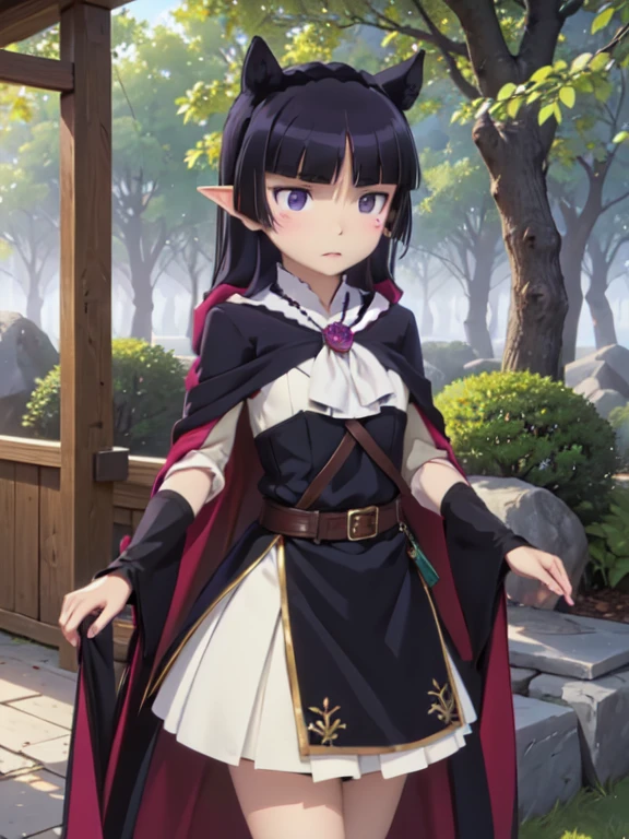 ((ruri gokou)), One girl, blush, Black Hair, Mole, Mole under eye, Hime cut, (Elf), (dark elf), (Long ears), wood々In harmony with, (Fairy), magic, Robe, Mid-length skirt, Archer, Forest People, longbows, magic, wood々Spirits of, elven robe, hood, cloak, dark tunic, gloves, belt, boots, Lush forest, magicの森,