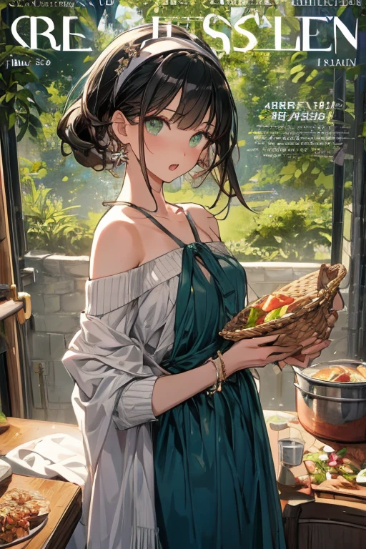 (small breasts:1.3), (perky chest:1.1), (pointed chest:1.0), (fashion magazine cover:1.3),(from below:1.0),(from side:0.9),masterpiece, 1girl, Amazing Cleavage:1.1, thin waist, big ass, Raised sexy, small breast: 1.3, posed cleavage:1.2、solo, looking at viewer, open mouth, have a cute grass of cute beergrass,black hair, dark green eyes, dress, bare shoulders, jewelry, collarbone, sidelocks, hairband, earrings, indoors, off shoulder, :o, sweater, arms behind back, plant, short hair with long locks, gild hairband, off-shoulder dress, sweater dress, off-shoulder sweater, red sweater, dark gord hair, big side hair, very long side hair,is rendered in (masterpiece: 1.2, best quality), with (ultra high resolution) and an exquisite (depth of field). This masterpiece is not only visually stunning but also tells,A scene of cooking in the kitchen by classroom