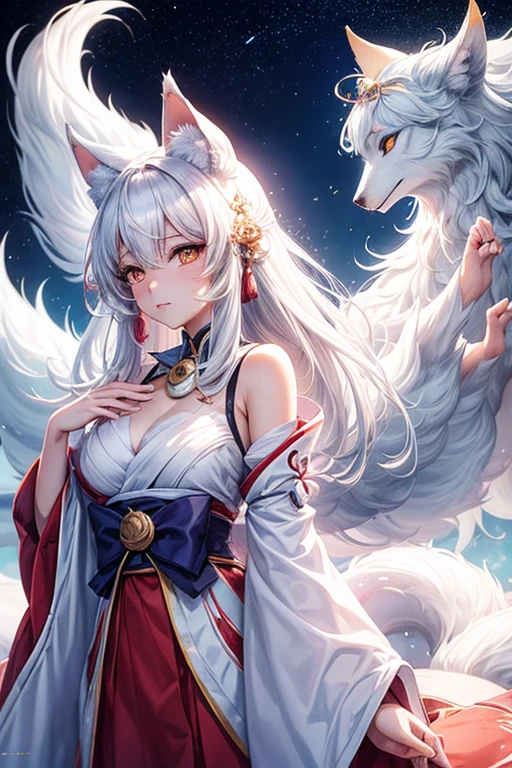 Anime femenino, kitsune blanca, hermosa, atuendo de sirvienta