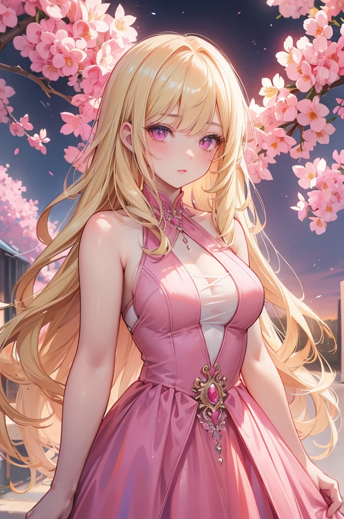 a beautiful girl wearing a long pink prom dress, blonde hair, pink eyes, highly detailed, masterpiece, 4k, ultra-detailed, HDR, studio lighting, vivid colors, elegant, graceful, enchanting, digital art, illustration