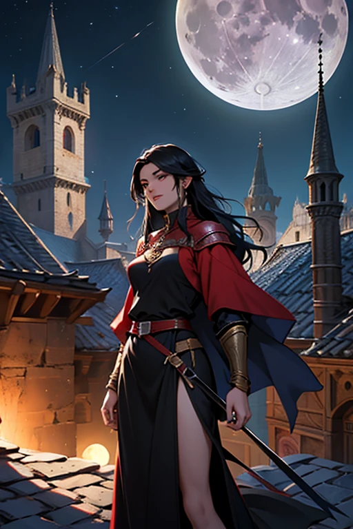 female sorceress from medieval fantasy universe, Italian features, 25 years old, long black hair, in red tunic. on the roofs of a fantasy medieval city, night full moon in the sky