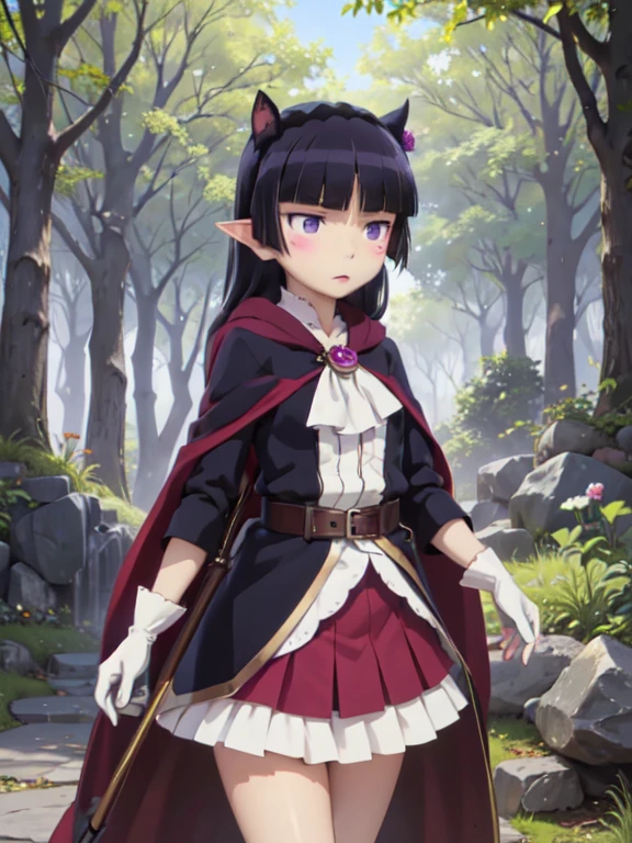 ((ruri gokou)), One girl, blush, Black Hair, Mole, Mole under eye, Hime cut, Elf, ((dark elf)), (Long ears), wood々In harmony with, (Fairy), magic, Robe, Mid-length skirt, Archer, Forest People, longbows, magic, wood々Spirits of, elven robe, hood, cloak, dark tunic, gloves, belt, boots, Lush forest, magicの森,