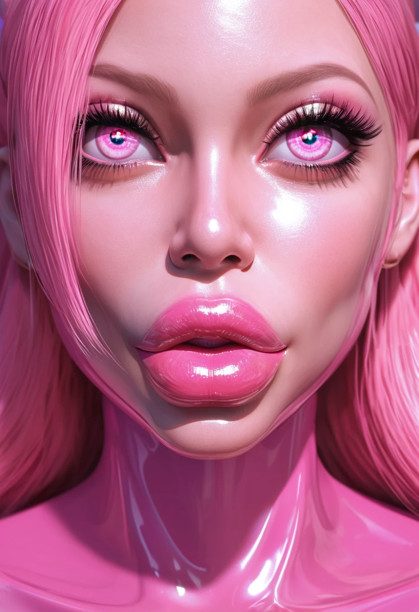 (masterpiece), best quality, perfect face, bimbo, huge breasts, big lips, bimbo lips, pink hair, symmetric eyes, symmetric face, perfect eyes, pink latex bodysuit, portrait, face view, huge lips, puffy lips